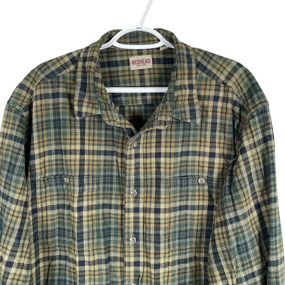 RedHead Flannel Shirt Mens 2XLT Green Plaid Cotton Button Up Long Sleeve Pockets - Picture 1 of 5